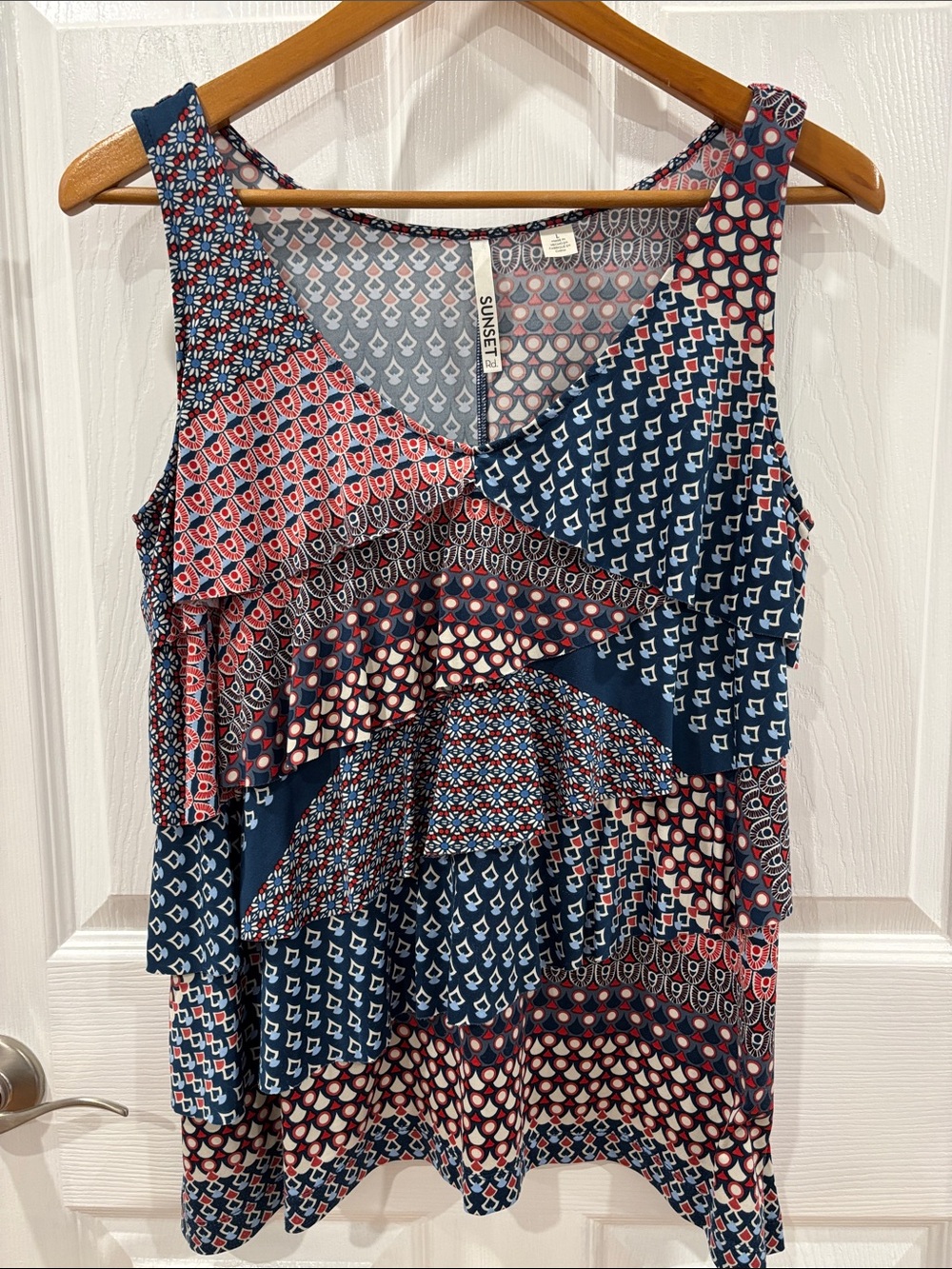 Sleeveless Patchwork Print Blouse - Navy & Red Tiered Ruffle